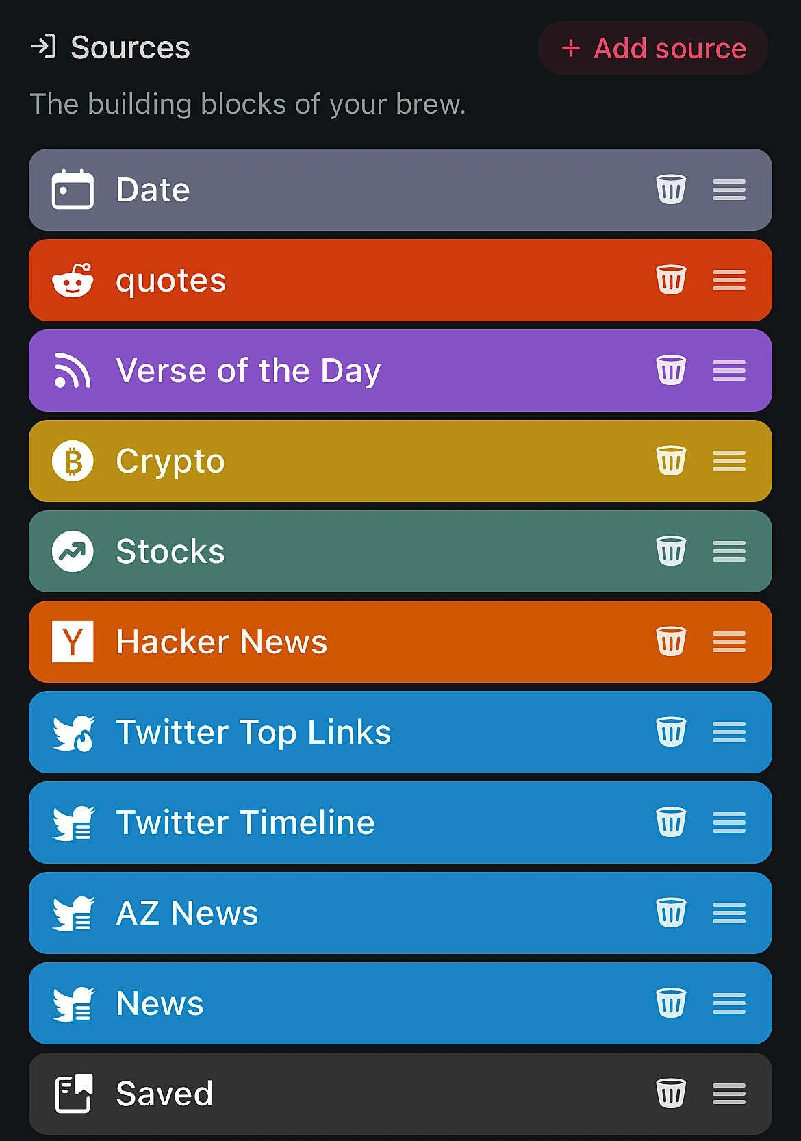 My Mailbrew sources: Date, Reddit quotes, Verse of the Day, Crypto, Stocks, Hacker News, Twitter lists, and Saved items