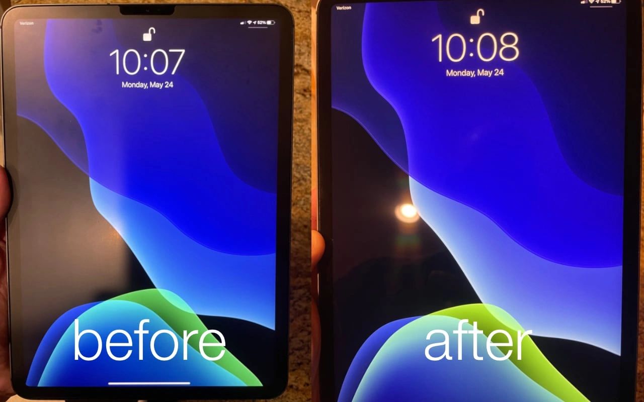 Side-by-side of the iPad screen with and without Paperlike — the glare shows the reduced clarity